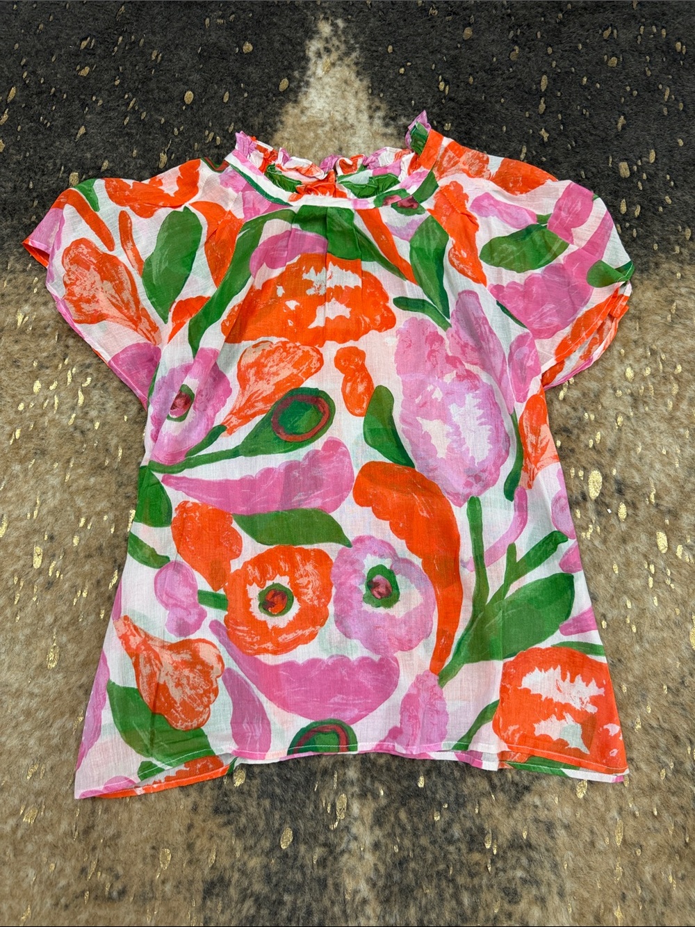 Banjanan Floral Ruffle-Neck Top in Pink, Orange & Green | s